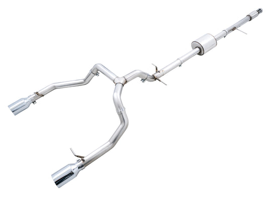 AWE 0FG Catback Split Rear Exit Exhaust for 4th Gen Silverado/Sierra 1500 5.3L (Flat Bumper) - Dual Chrome Silver Tips