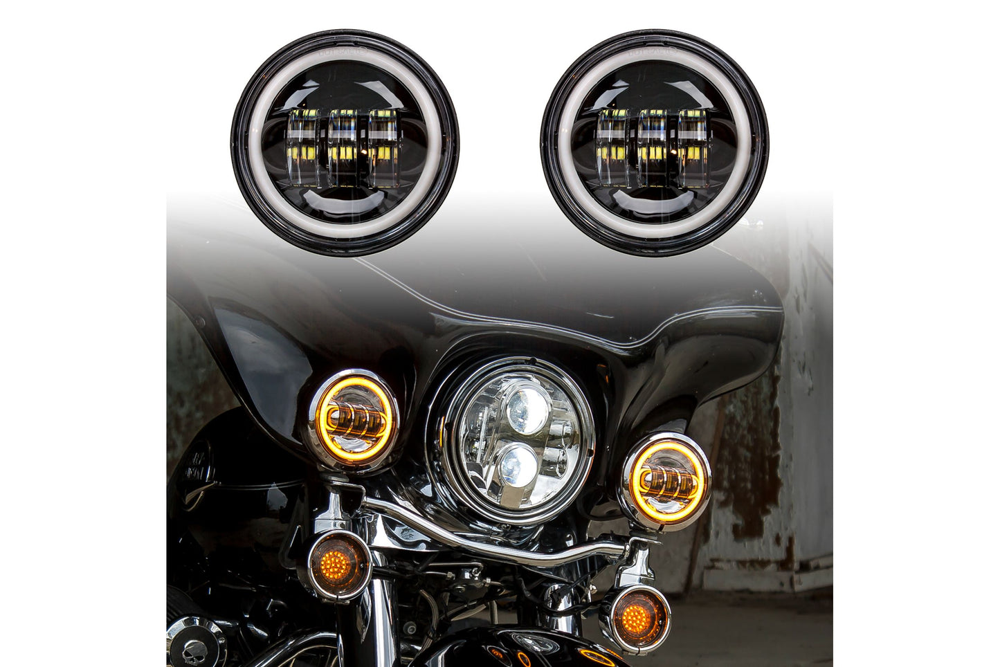 XKGlow Motorcycle Driving Lights: Chrome w/ Amber Halo